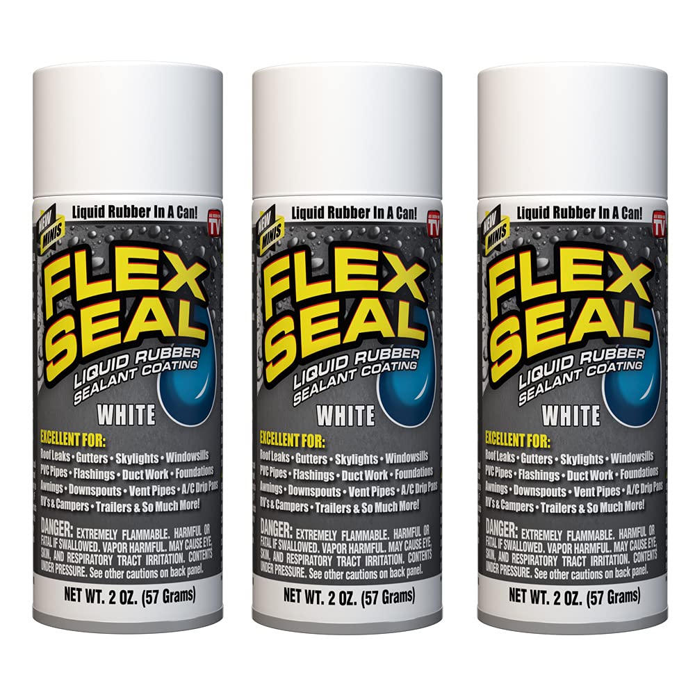 Flex Seal Mini, 3-Pack, Waterproof Rubber Spray On Sealant Coating, White, Stop Leaks Instantly, Travel Size, Perfect for Gutters, Wood, RV, Campers, Roof Repair, Skylights, Windows, and More