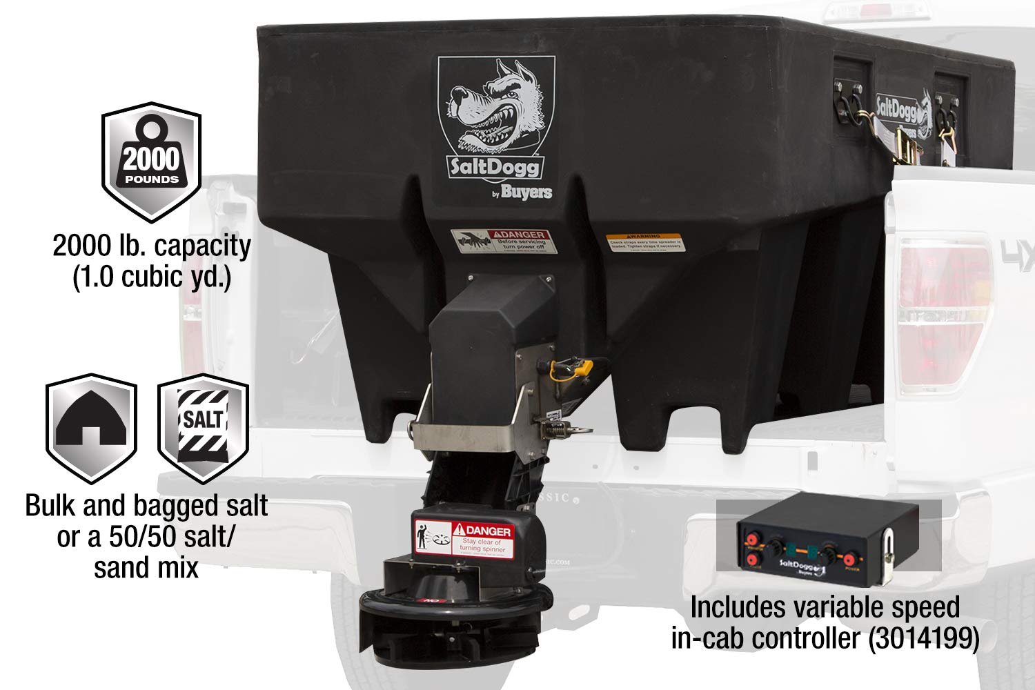 SaltDogg Buyers Products SHPE1000 Commercial Salt & Sand Spreader w/ Electric Drive Hopper, Made In The USA, 1.0 Cu Yds Capacity, Stainless Steel Auger, Light/Medium Duty Commercial Salt Spreader