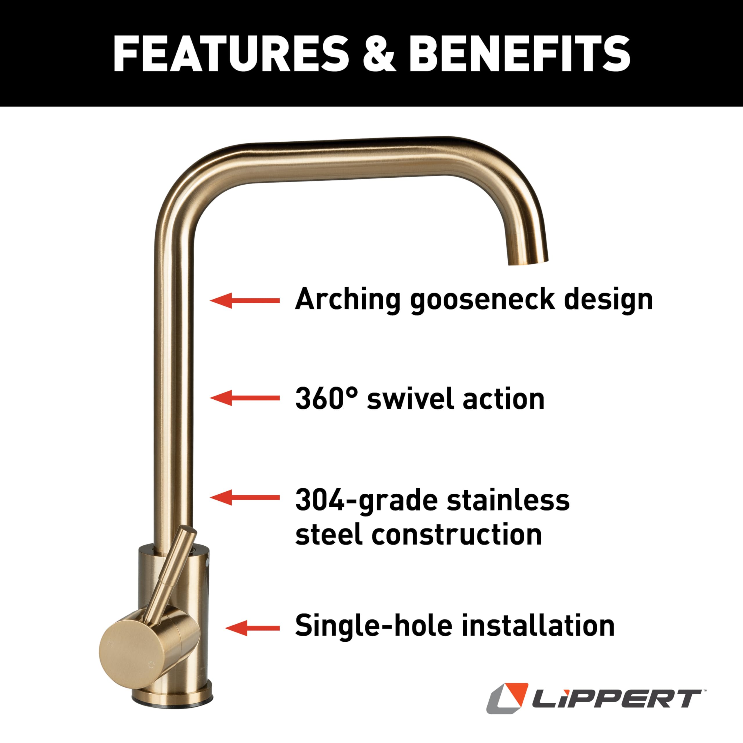 Lippert Gooseneck Flow Max Square Head Kitchen Faucet with 304-Grade Stainless Steel Construction, Single-Handle Operation, Single-Hole Installation, 360-Degree Swivel, 2.2 GPM Flow Rate - 2024000066