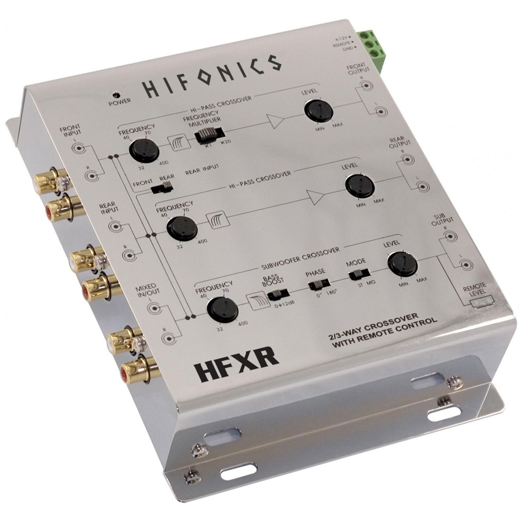 Hifonics 2/4 Ch HFXR 2/3 Way Active Crossover, 8.5V Line Driver with Remote Bass Level Control, Adjustable Filters, and Front/Rear/Sub Outputs