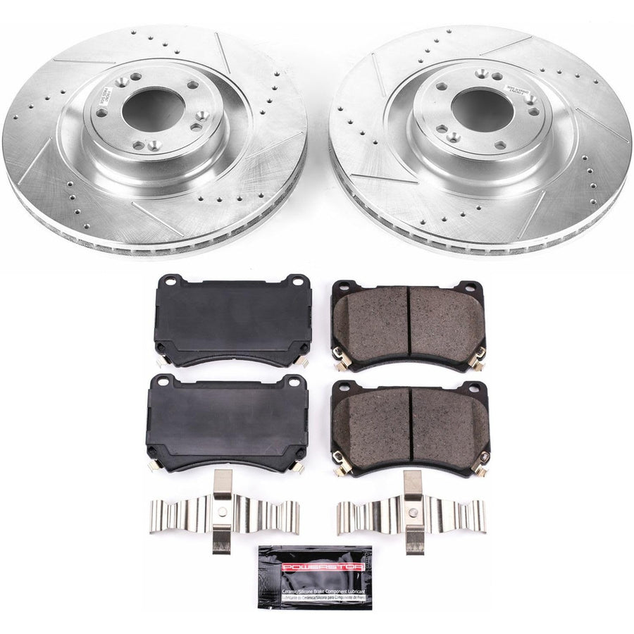 Power Stop K5928 Z23 Carbon Fiber Brake Pads with Drilled & Slotted Brake Rotors Kit For Hyundai Equus 2011, Hyundai Genesis 2012-2014 [Model Specific]