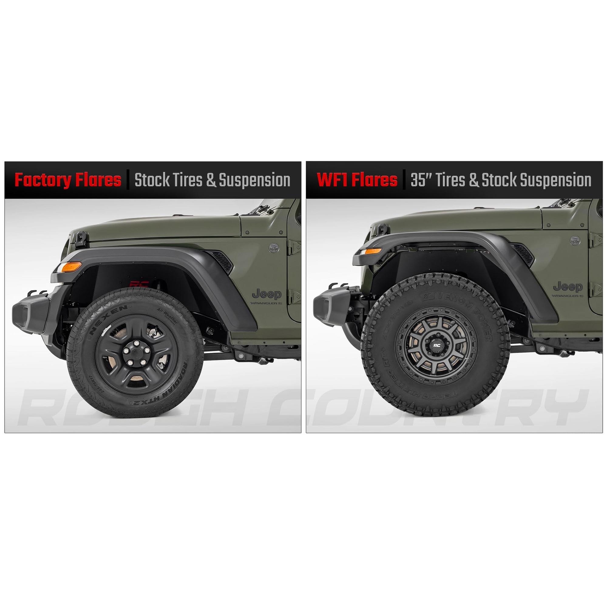 Rough Country Fender Flares WF1 for Jeep Gladiator JT (2020-2024) - Set of 4, Flat Black
