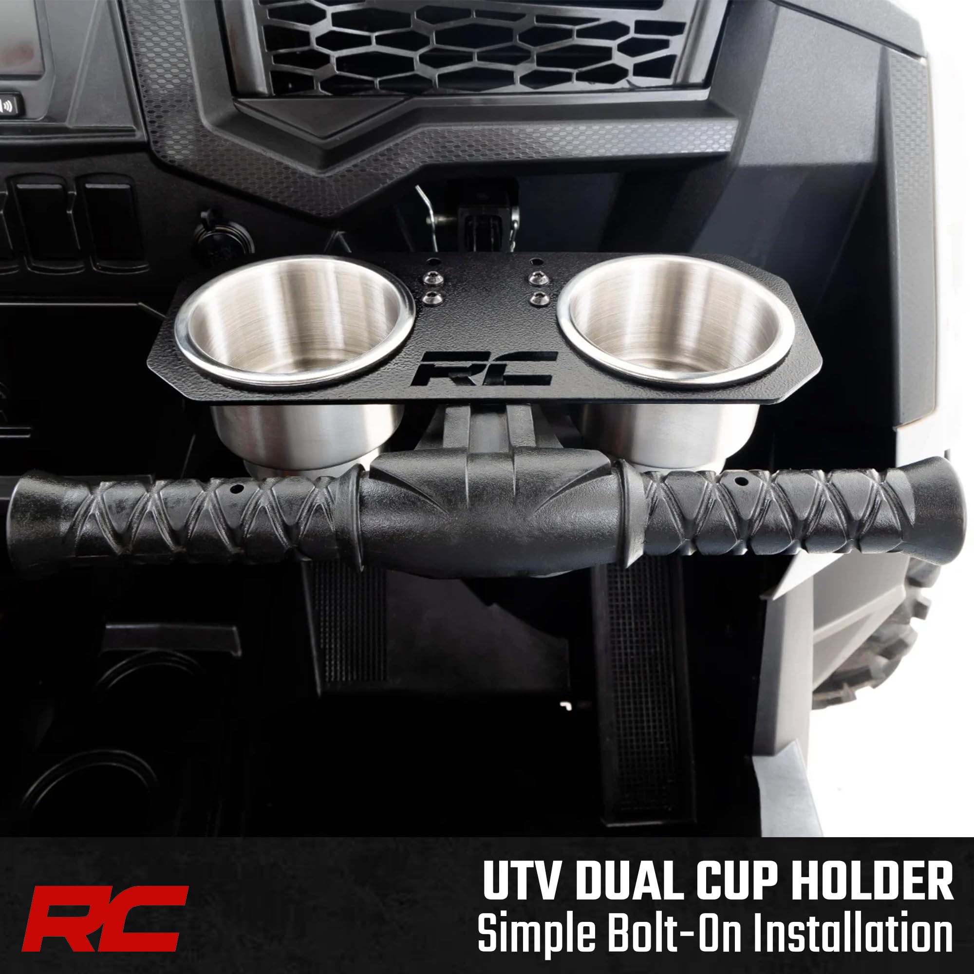 Rough Country Dual Cup Holder Passenger Grip Handle for Polaris RZR 4 900 / RZR S 1000 - Stainless Steel, Trail-Ready Drink Mount