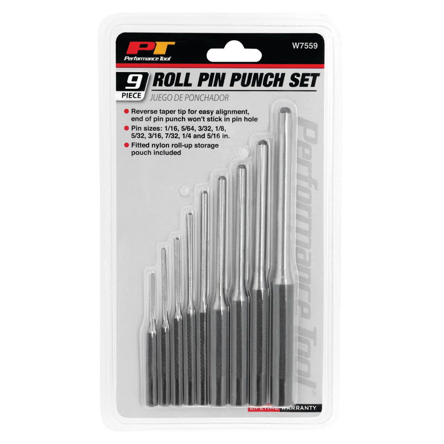 W7559 Performance Tool 9 Piece Roll Pin Punch Set with Storage Pouch - Heat Treated Steel, Knurled Grip, Reverse Taper Tip, Multiple Pin Sizes