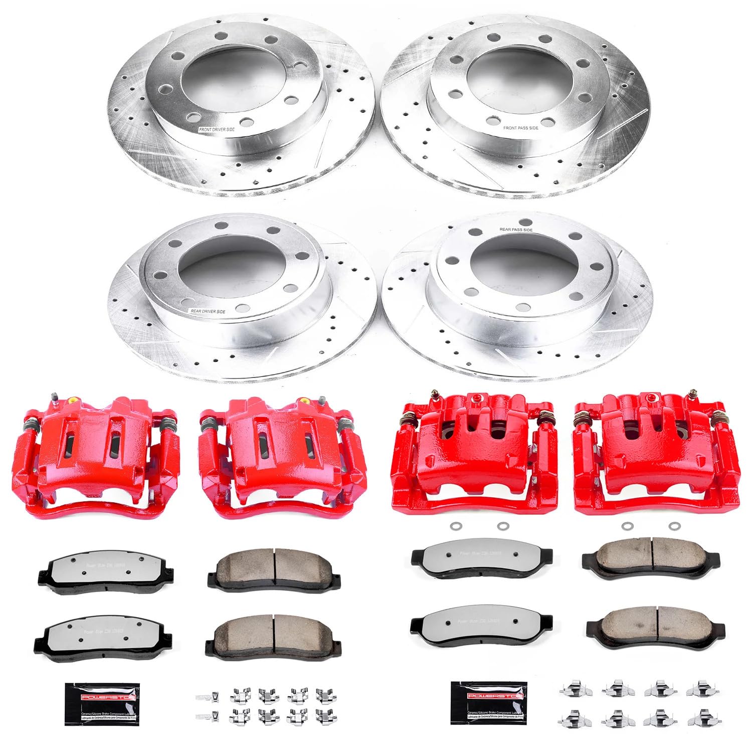 Power Stop Front and Rear KC2895-36 Carbon Ceramic Brake Pads and Drilled and Slotted Rotors Kit with Calipers For 2007 2008 Ford F-250 | 2007-2010 Ford F-350 [4WD Models with Single Rear Wheels]