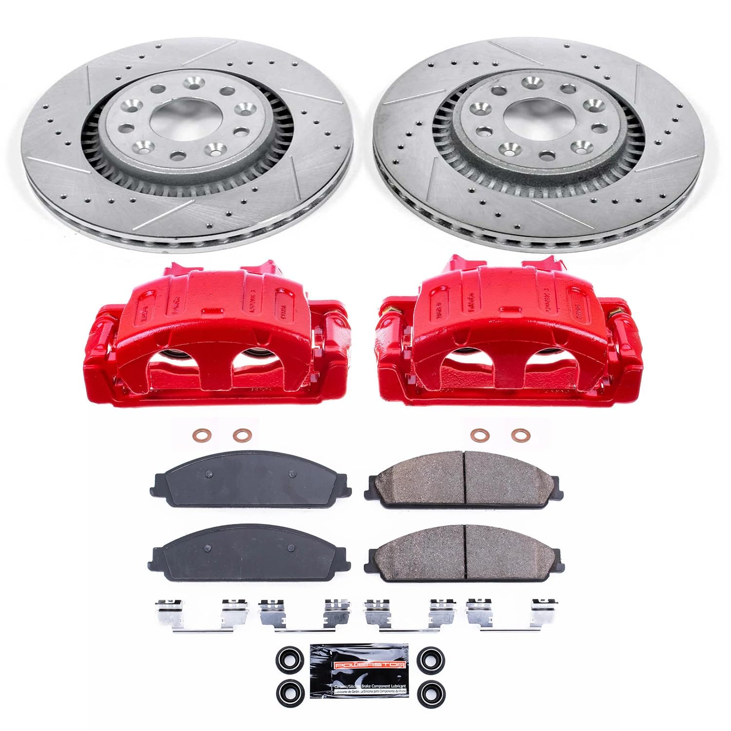 Power Stop Z23 KC4599A Evolution Sport Front Caliper Brake Kit-Drilled/Slotted Rotors, Carbon Ceramic Brake Pads, Calipers For Ford Taurus X 2008-2009 [Model Specific]