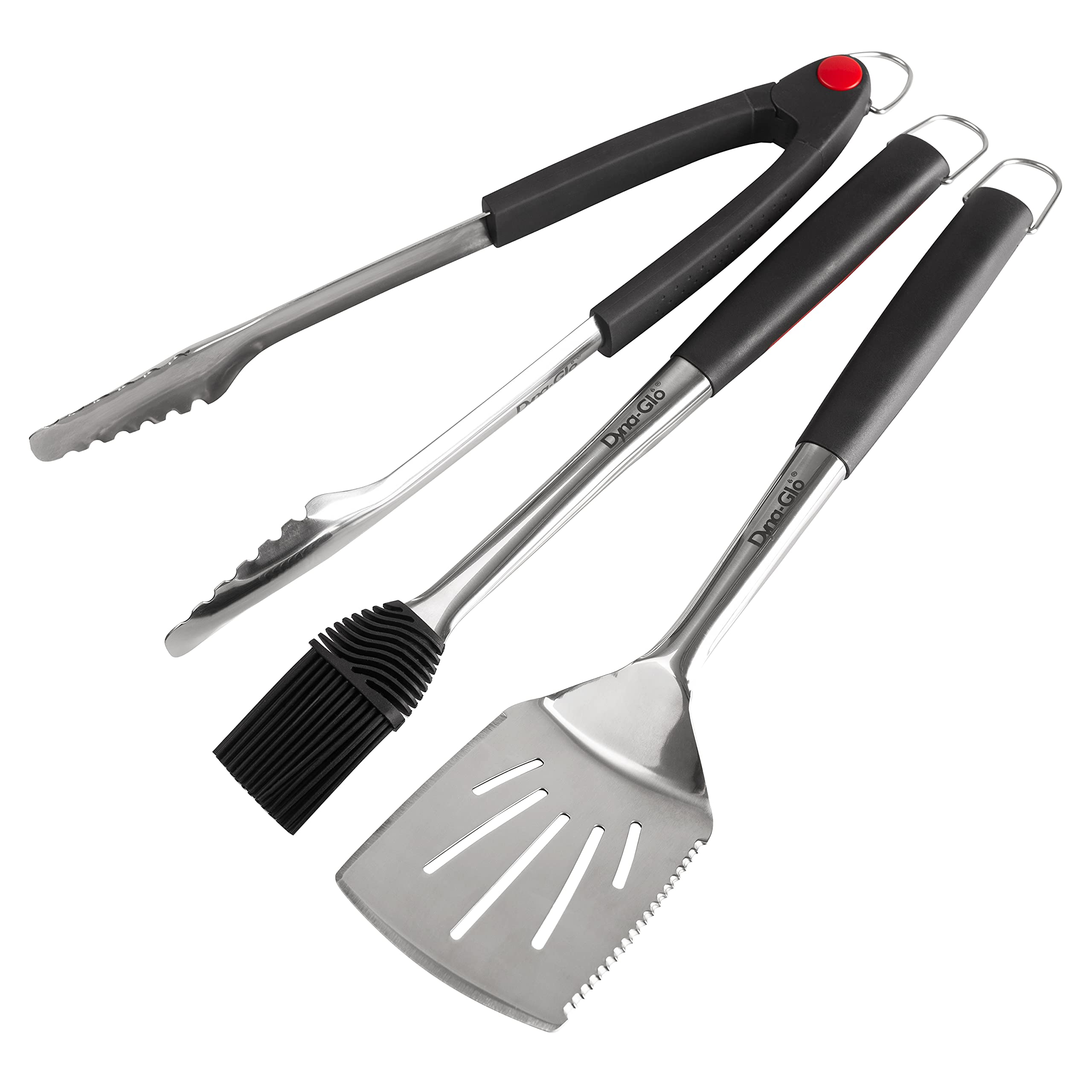 3PC Dyna Glo Stainless Steel and Silicone Soft Touch Handles - Spatula, Basting Brush, Tongs
