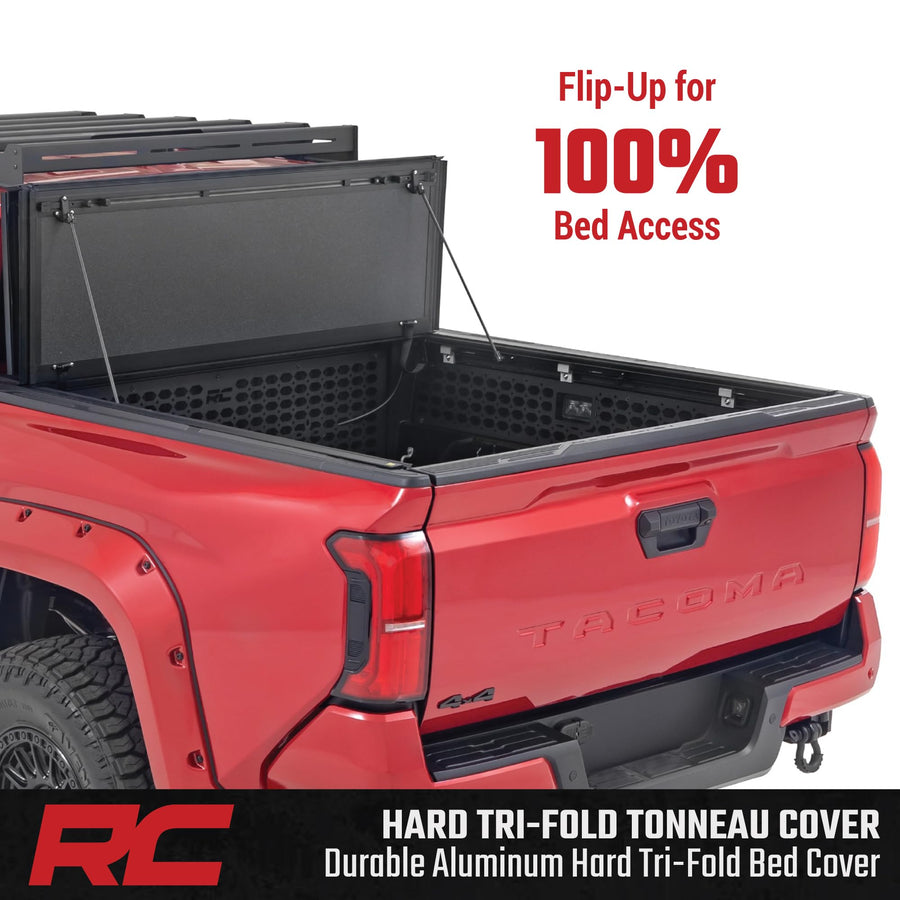 Rough Country Hard Tri-Fold Tonneau Cover for Toyota Tacoma (2024-2025) - Aluminum Flip-Up Folding Bed Cover, Fits 5' (60.3") Bed