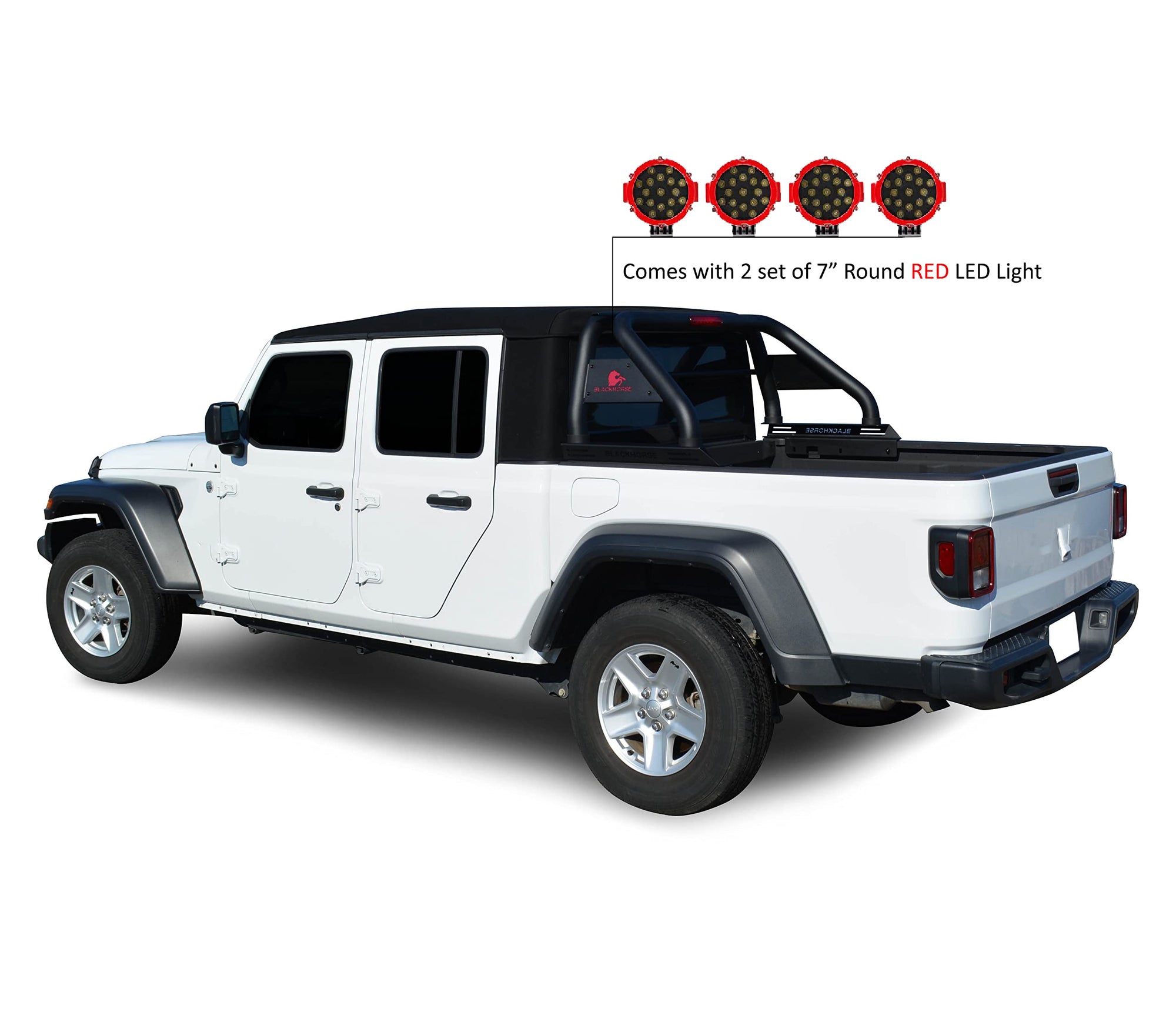 Classic Black Horse Roll Bar Incl. Pair of 7.0" Dia. LED Lights w/Red Trim Rings Compatible with 2020-2024 Jeep Gladiator-RB09BK-PLR