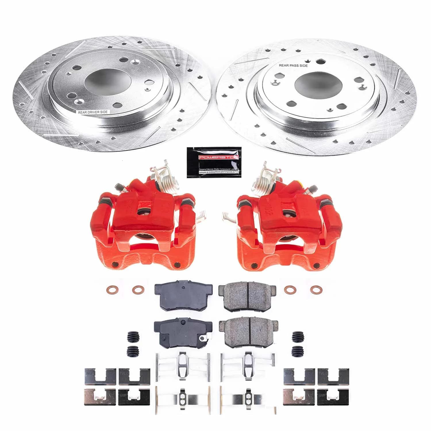 Power Stop Z23 KC3128, Rear Brake Caliper Kit-Drilled/Slotted Rotors, Carbon Ceramic Brake Pads, Calipers For Honda Accord 2005-2007 [Model Specific]