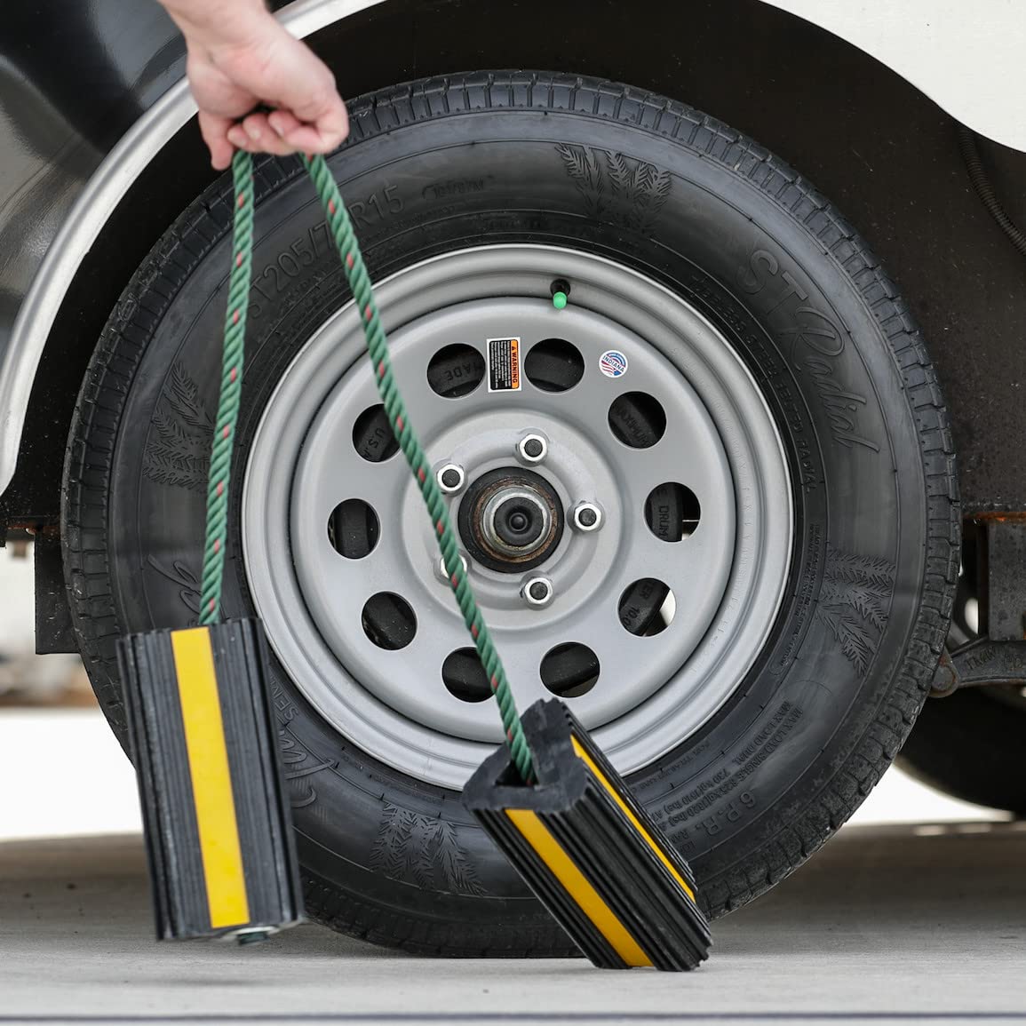 Heavy Duty Buyers Products WC24483 Wheel Chock Set – 4x4x8" Rubber Wheel Chocks with 36 Inch Nylon Rope, Rust & Chemical Proof, Reflective Tape, for Trucks, Utility Vehicles, Ground Support Equipment