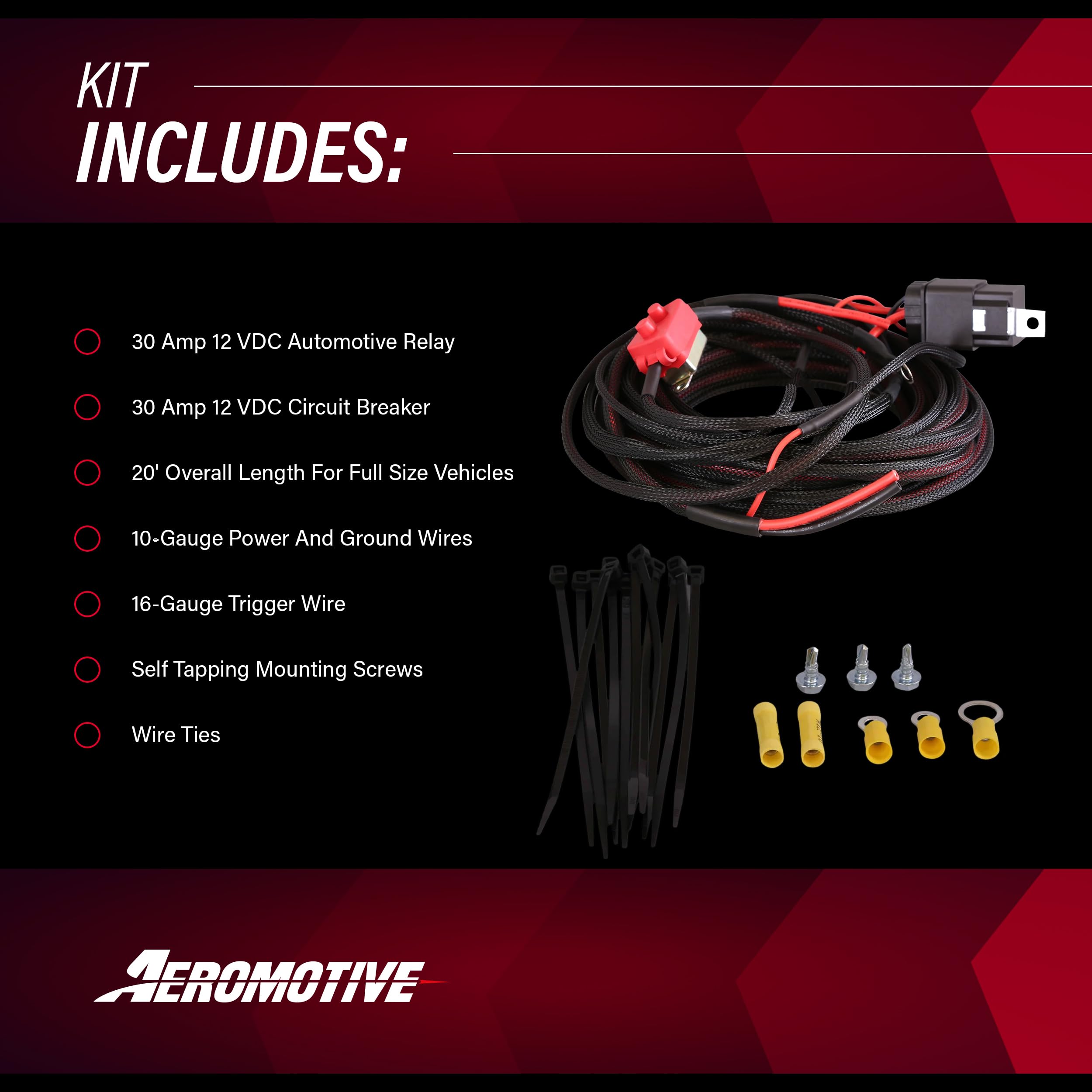 Fuel Pump Wiring Harness Relay Kit Aeromotive 16307, 30 Amp, 20' Long Wire