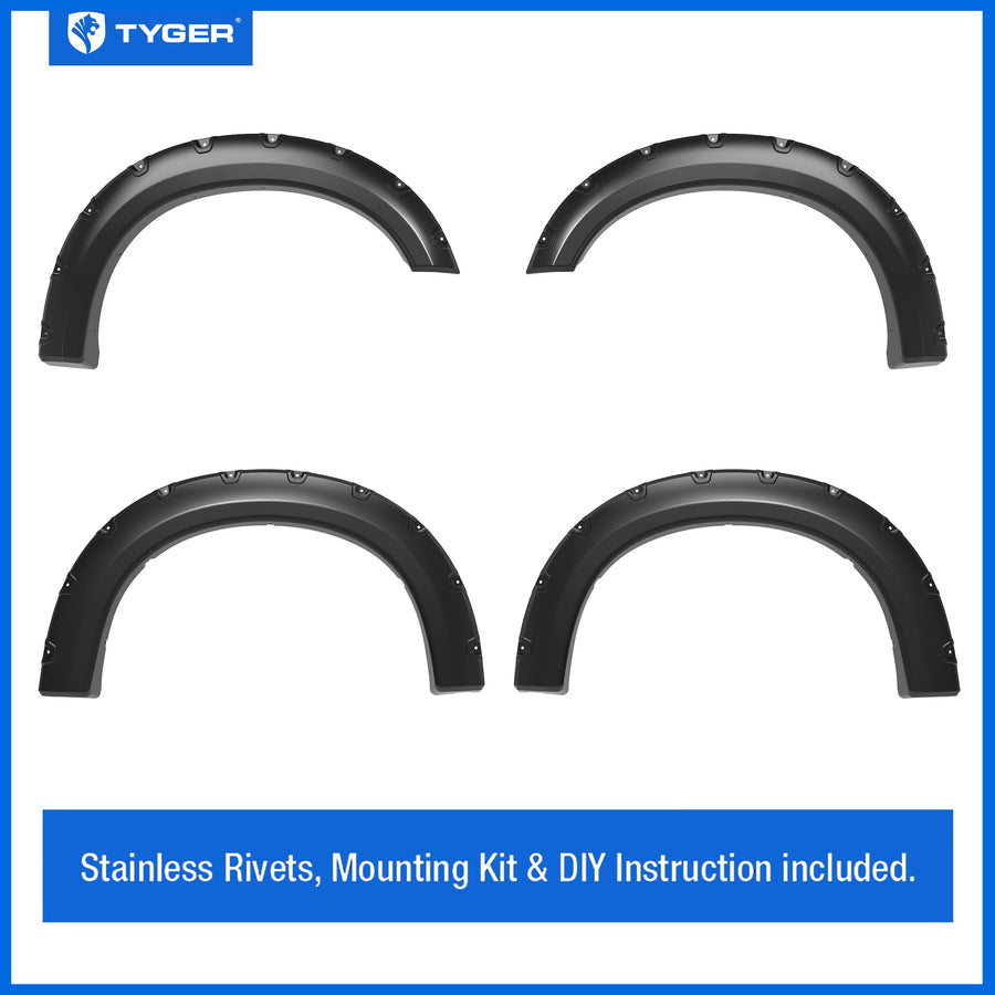 Tyger Auto Fender Flare 2008-2010 Compatible with Ford F-250 F-350, Smooth Textured Black Paintable Bolt-Riveted Style 4pc | TG-FF8F4688