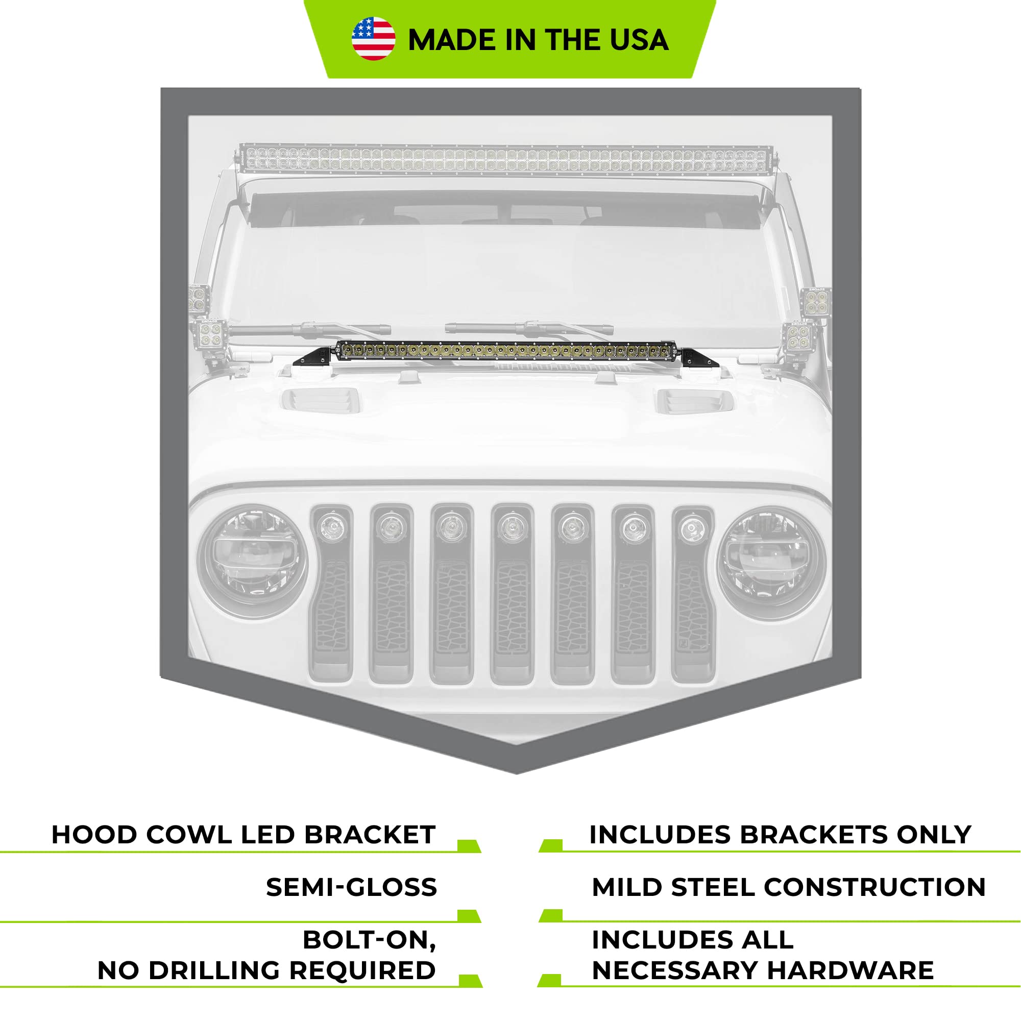 ZROADZ LED Hood Cowl Bracket - Compatible w/ Jeep JL and Gladiator- to Mount 30 Inch Light - Mild Steel Gloss Black Finish - Bolt-On Easy Installation - PN #Z364931