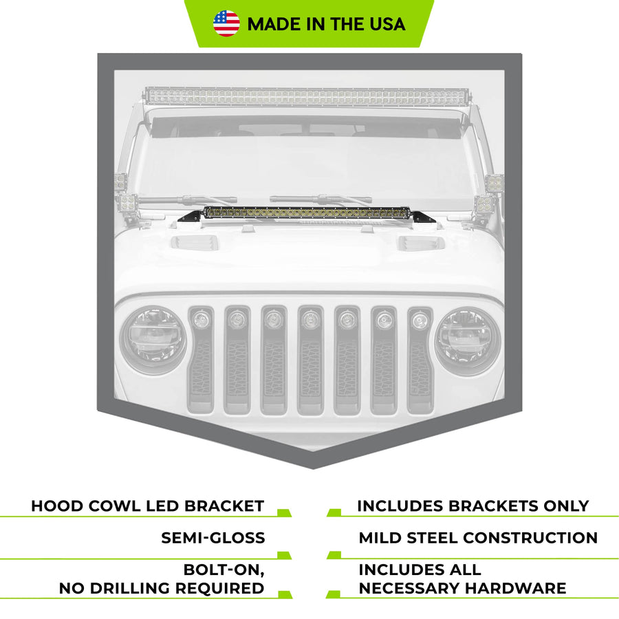 ZROADZ LED Hood Cowl Bracket - Compatible w/ Jeep JL and Gladiator- to Mount 30 Inch Light - Mild Steel Gloss Black Finish - Bolt-On Easy Installation - PN #Z364931