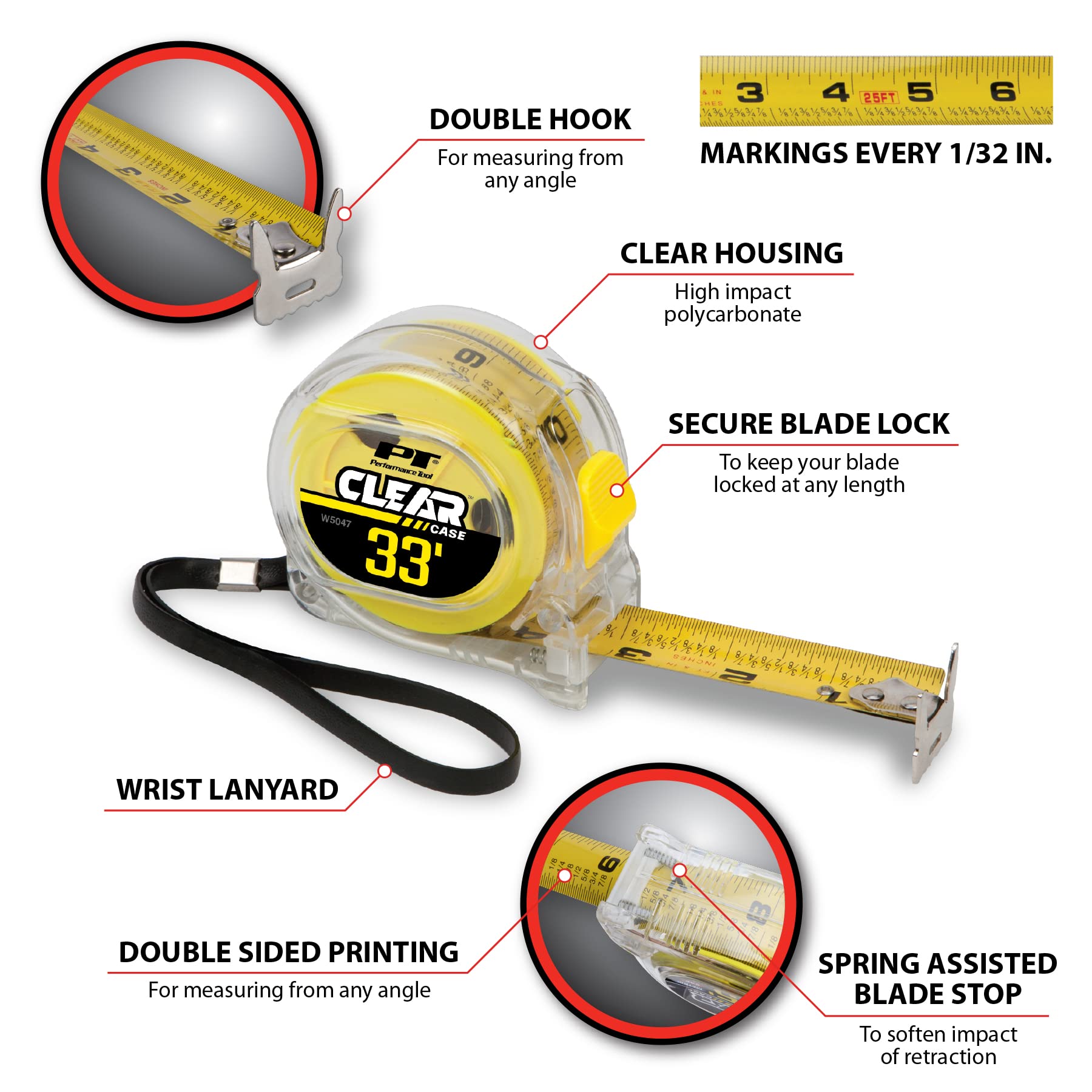 W5047 Performance Tool 33' X 1-Inch Clear Tape Measure