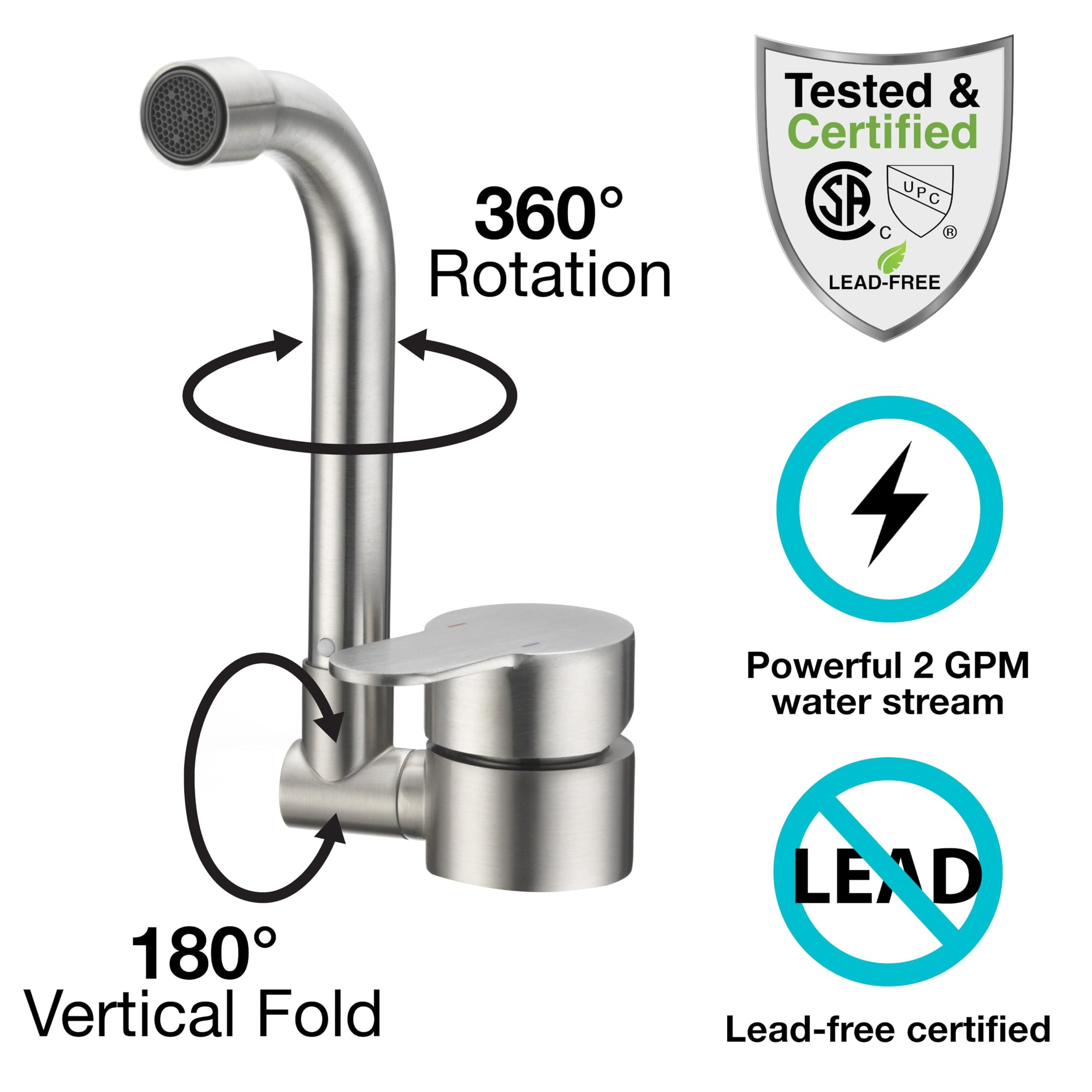 Folding RV Kitchen Faucet Dura Faucet (DF-MK510H-SN) – Brushed Satin Nickel, 360° Rotating & Vertical Folding Spout, Single Lever Handle, Lead-Free, Easy Install Compact Sink Faucet
