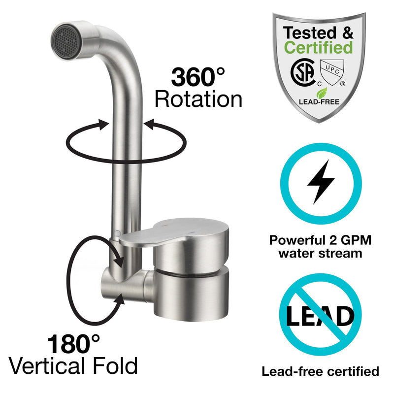 Folding RV Kitchen Faucet Dura Faucet (DF-MK510H-SN) – Brushed Satin Nickel, 360° Rotating & Vertical Folding Spout, Single Lever Handle, Lead-Free, Easy Install Compact Sink Faucet