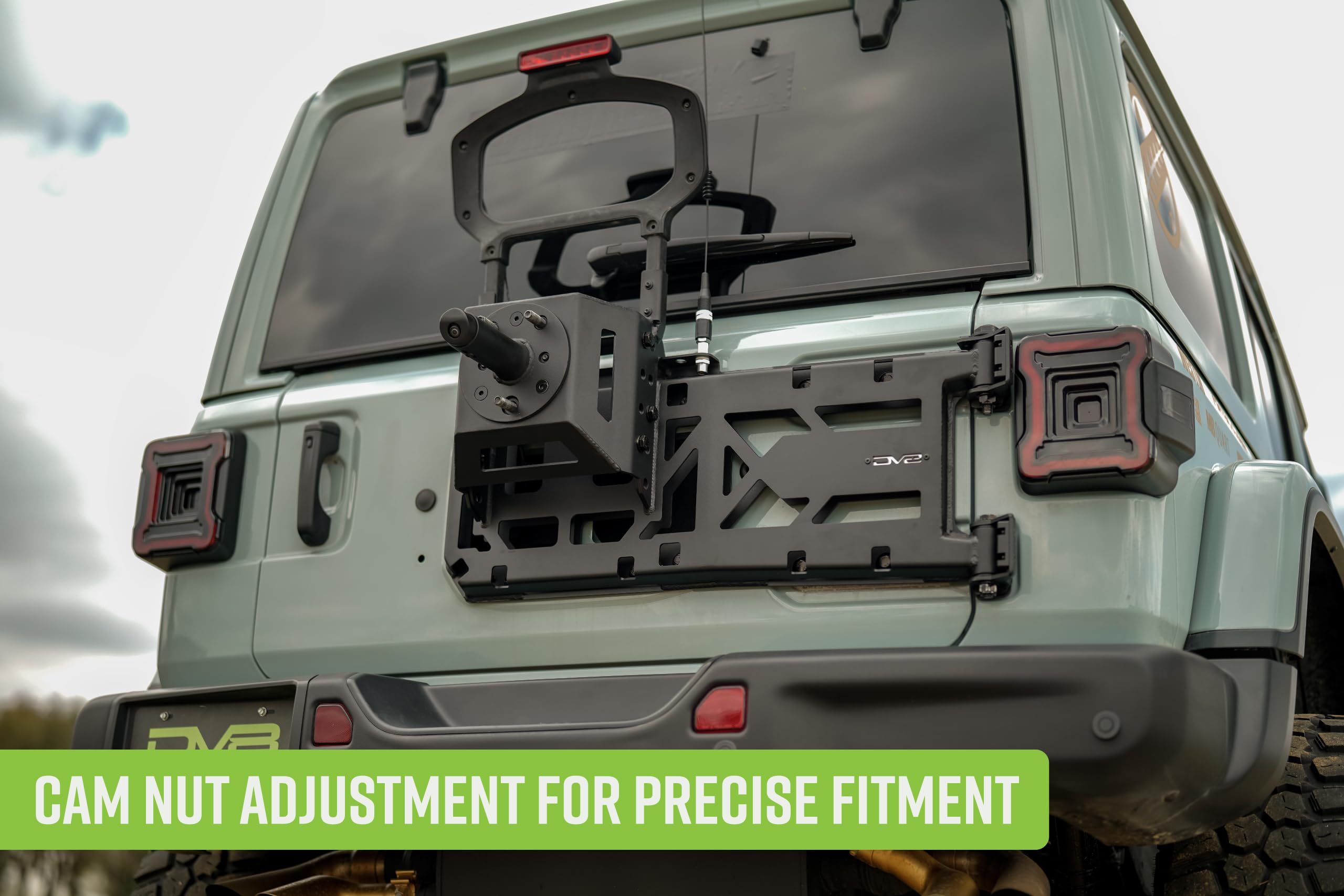 Spare Tire Carrier DV8 Offroad for Jeep Wrangler JL | Removes Weight of Spare Tire from The Tailgate Door | Cam Nut Adjustment for a Precise Fitment | Included Antenna/Whip Flag Mount | Fully Bolt-On