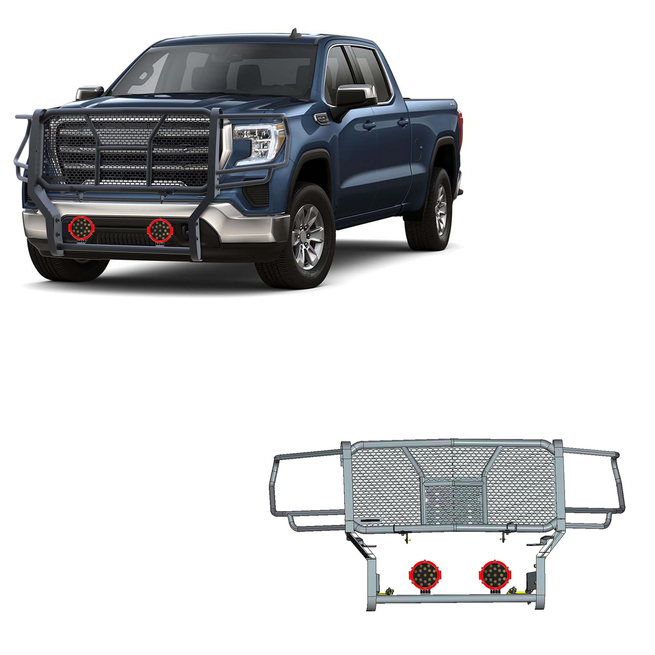 Heavy Duty Black Horse Rugged Grille Brush Bumper Guard Modular Black Come with Pair of 7.0" Dia.LED Lights with Red Trim Rings Compatible with 2020-2023 GMC Sierra 2500 HD/3500 HD-RU-GMSI20-B-PLR