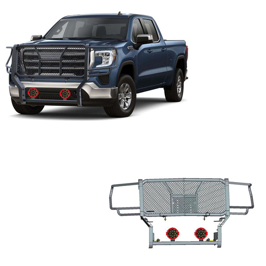 Heavy Duty Black Horse Rugged Grille Brush Bumper Guard Modular Black Come with Pair of 7.0" Dia.LED Lights with Red Trim Rings Compatible with 2020-2023 GMC Sierra 2500 HD/3500 HD-RU-GMSI20-B-PLR