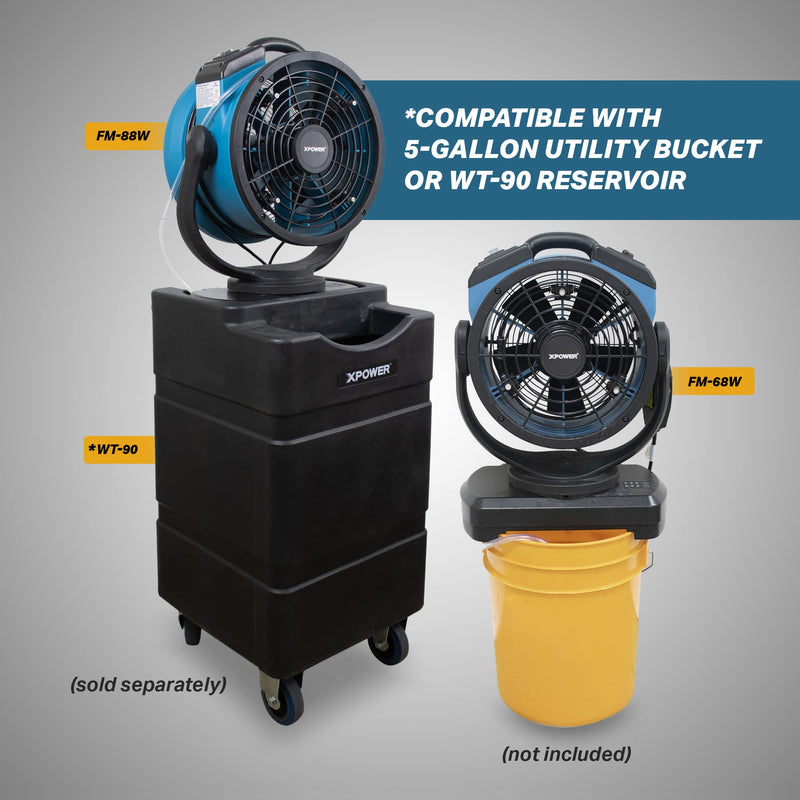 FM-68W XPOWER Misting Fan w/Water Pump, Mounts on 5 Gal Bucket, Outdoor Cooling, Oscillating, High Velocity, 3-Speed, Camping, Patio & More, 15 In
