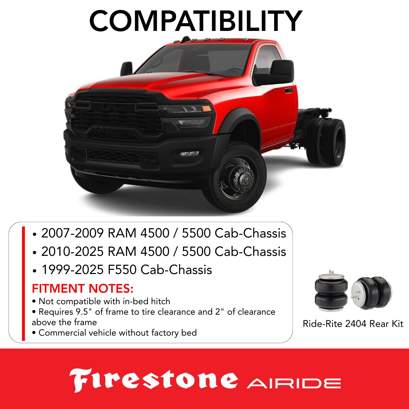 Firestone 2404 Airide Ride-Rite Rear Springs Kit fits 2010-2025 Ram 4500 5500 Cab-Chassis | 5-100 PSI | Load Capacity of 5,000 Pounds | Levels Headlight Beams