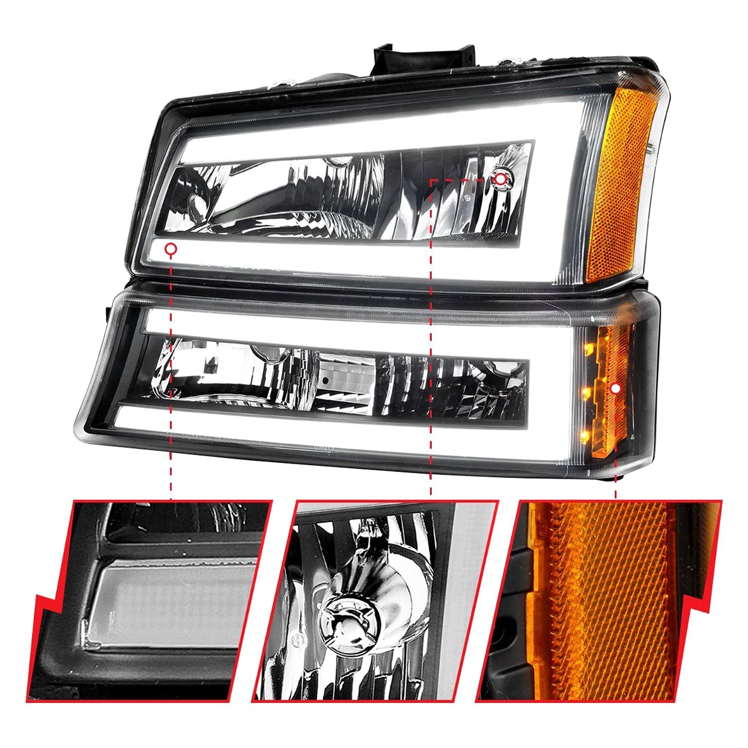 SILVERADO ANZO 1500/2500/3500 03-07/1500/2500/3500 CLASSIC 07/AVALANCHE W/O BODY CLADDING 02-06 HEADLIGHTS W/SIGNAL LIGHT BLACK HOUSING AMBER (4 PCS) (W/C LIGHT BAR) 111501
