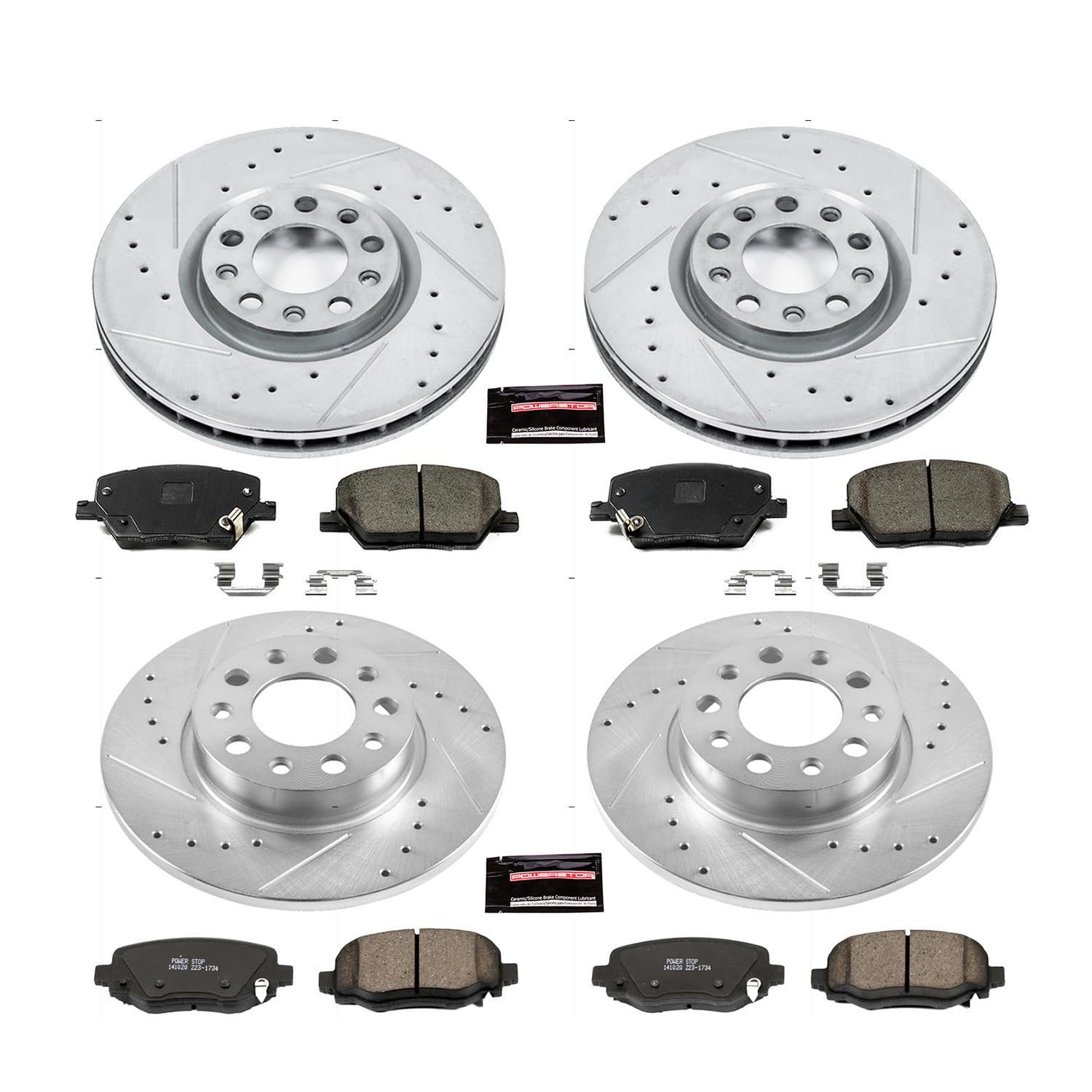 Power Stop K7300 Z23 Carbon Fiber Brake Pads Front and Rear with Drilled and Slotted Brake Rotors Kit For 2016 2017 2018 2019 Fiat 500X | 2015-2019 Jeep Renegade