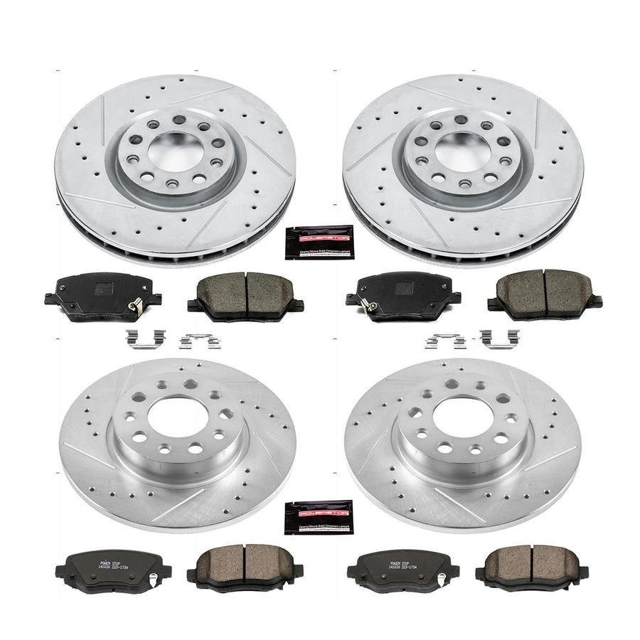 Power Stop K7300 Z23 Carbon Fiber Brake Pads Front and Rear with Drilled and Slotted Brake Rotors Kit For 2016 2017 2018 2019 Fiat 500X | 2015-2019 Jeep Renegade