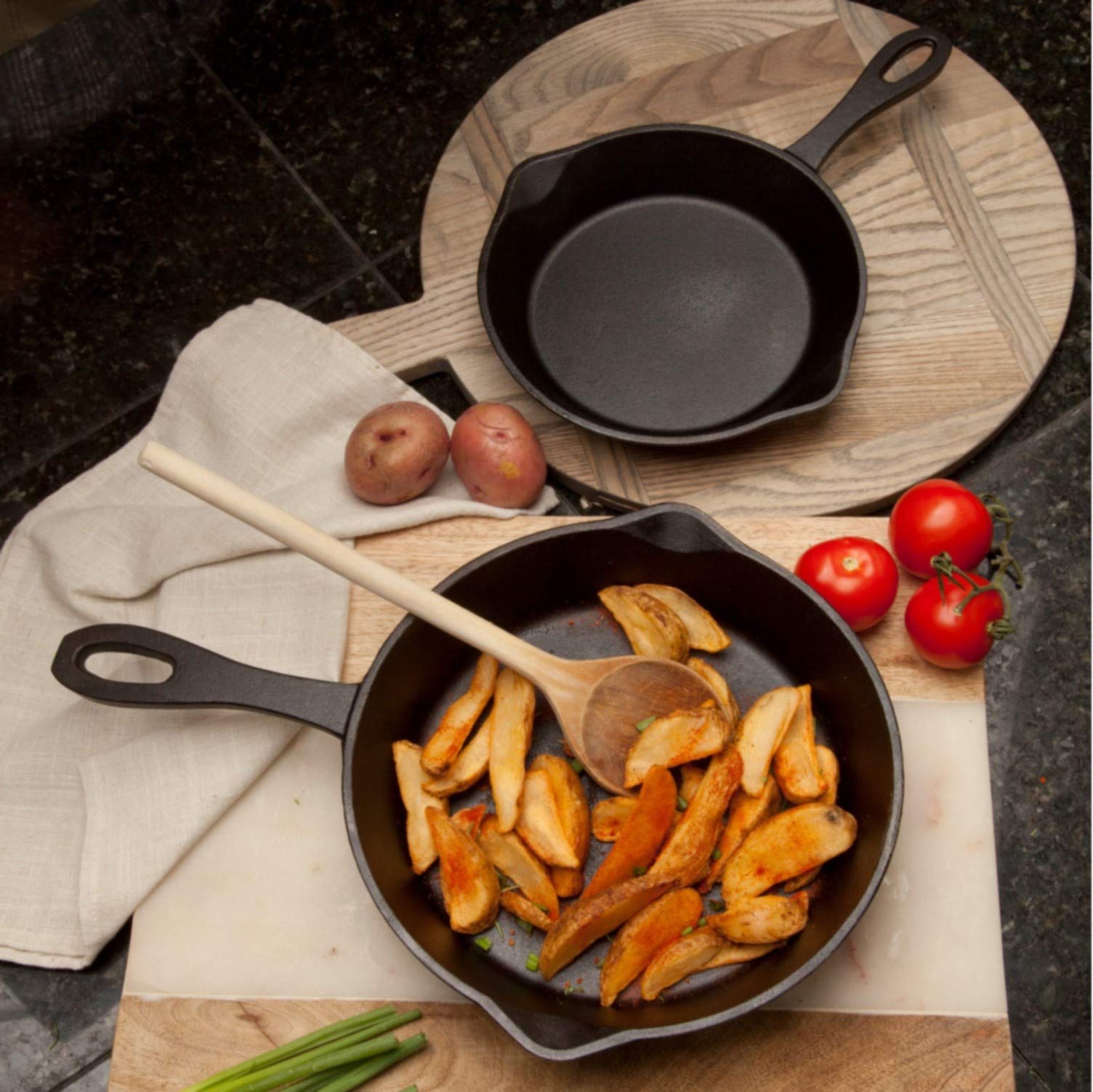 Bayou Classic 7457 Cast Iron Skillet Set 8-in and 10-in w/Pour Spouts Perfect For Breakfast Pan Frying Sautéing and Baking