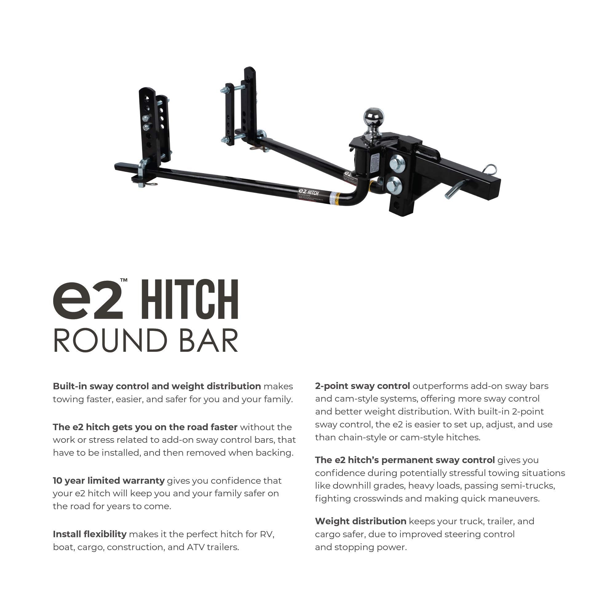 Fastway e2 Sway Control 2-Point Round Bar Hitch, 94-00-0600, 6,000 Lbs Trailer Weight Rating, 600 Lbs Tongue Weight Rating, Weight Distribution Kit Includes Standard Hitch Shank, Ball NOT Included