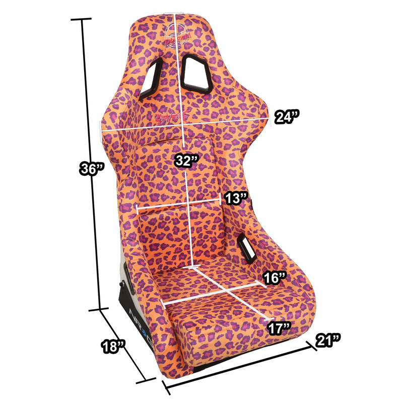 NRG Innovations Prisma Fixed Back Bucket Racing Seat NRG-FRP-302-OR-SAVAGE Bottom Mount Bracket, Orange Savage Leopard Print Fabric White Pearl Back, Orange Leopard Print, 24" W X 36" H X 18" D