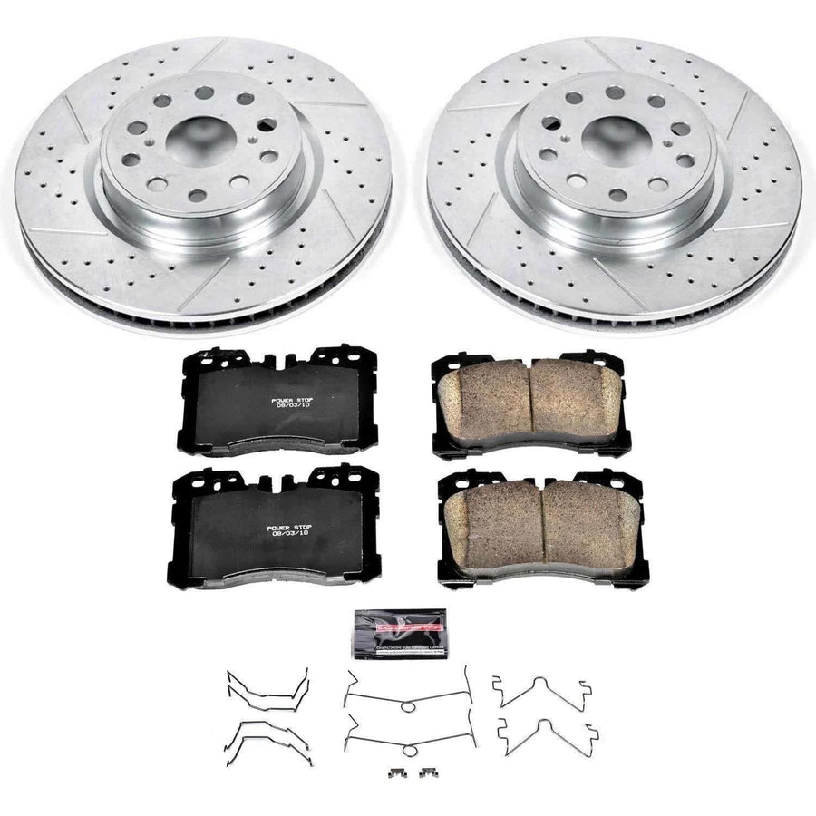 Power Stop K4686 Z23 Carbon Fiber Brake Pads Front with Drilled & Slotted Brake Rotors Kit and 1 Front Sensor Wire For Lexus LS460 2007-2009 [Model Specific]