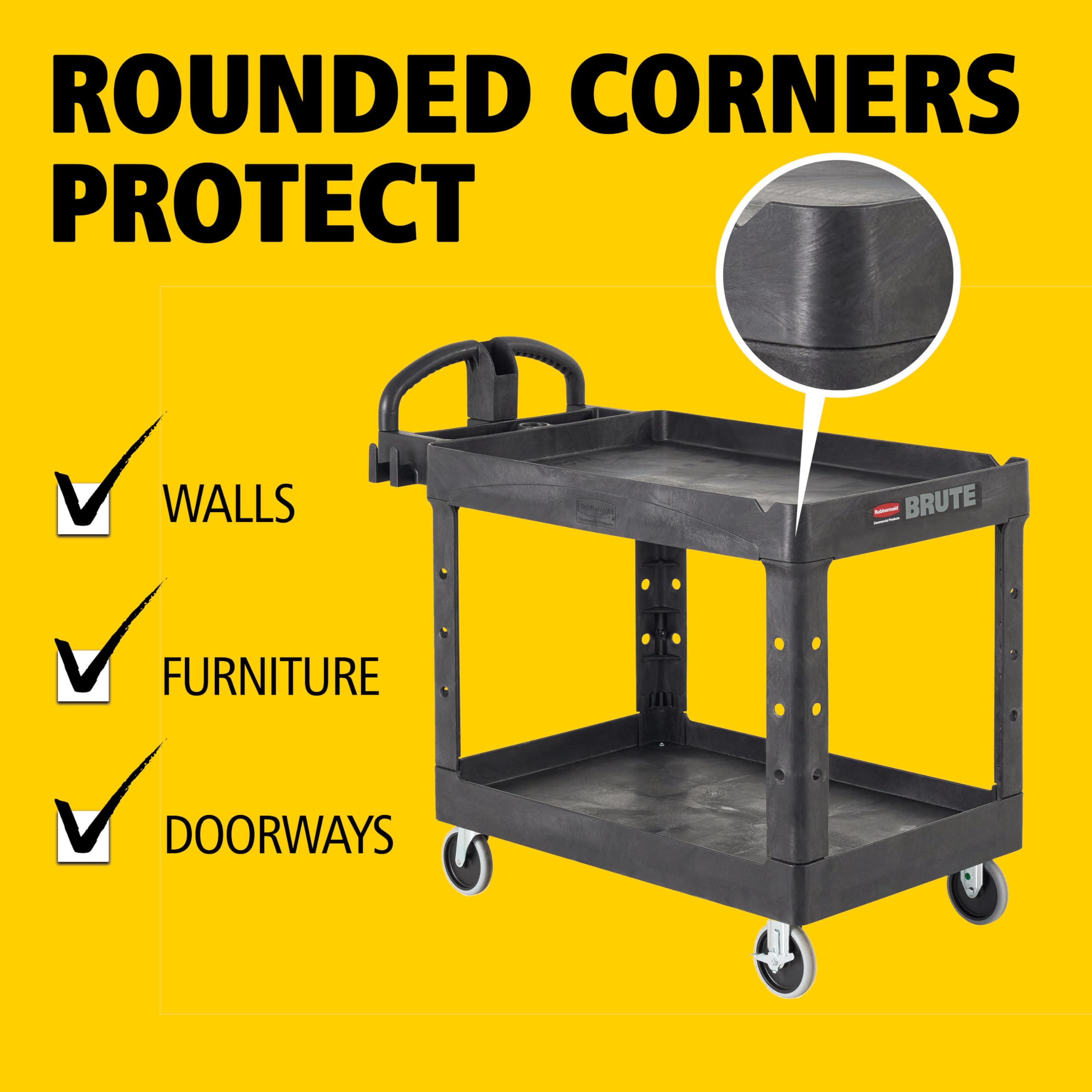 Rubbermaid 2-Shelf Commercial Products Utility/Service Cart, Medium, Black, Lipped Shelves, Ergonomic Handle, 500 Lbs Capacity, for Warehouse/Garage/Cleaning/Manufacturing