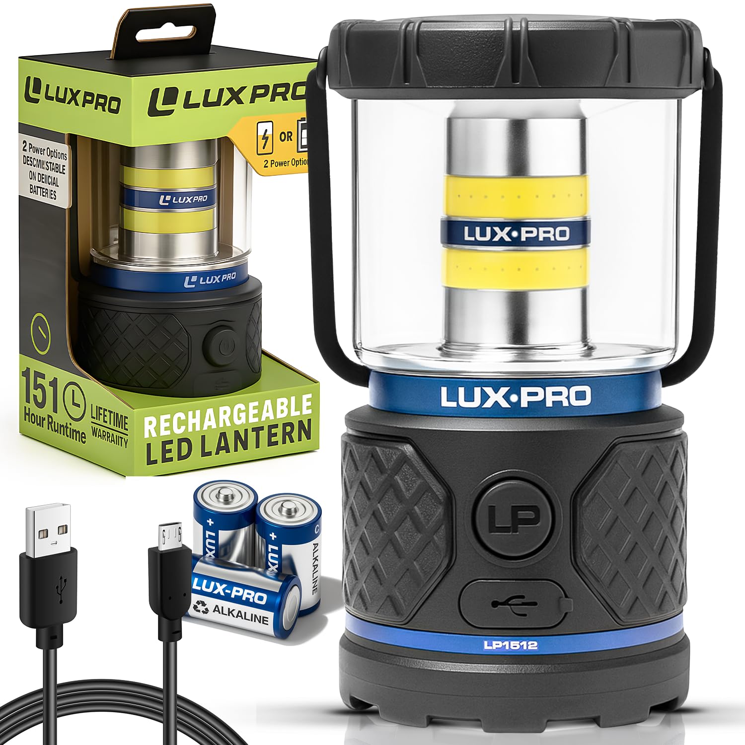 Dual-Power LUXPRO Rechargeable 1100 Lumen LED Lantern for Up to 150 Hours of Use