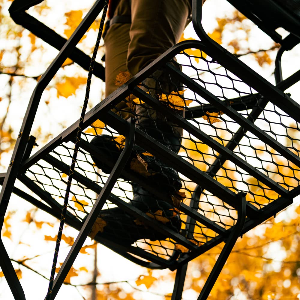 Rivers Edge 1-Man Jumbo Jack Ladder Stand, RE658, 17’1” Height, Wide Flip-Up TearTuff Mesh Seat, Jumbo Platform, Flip-Out Footrest, 2-Way Adjustable Shooting Rail