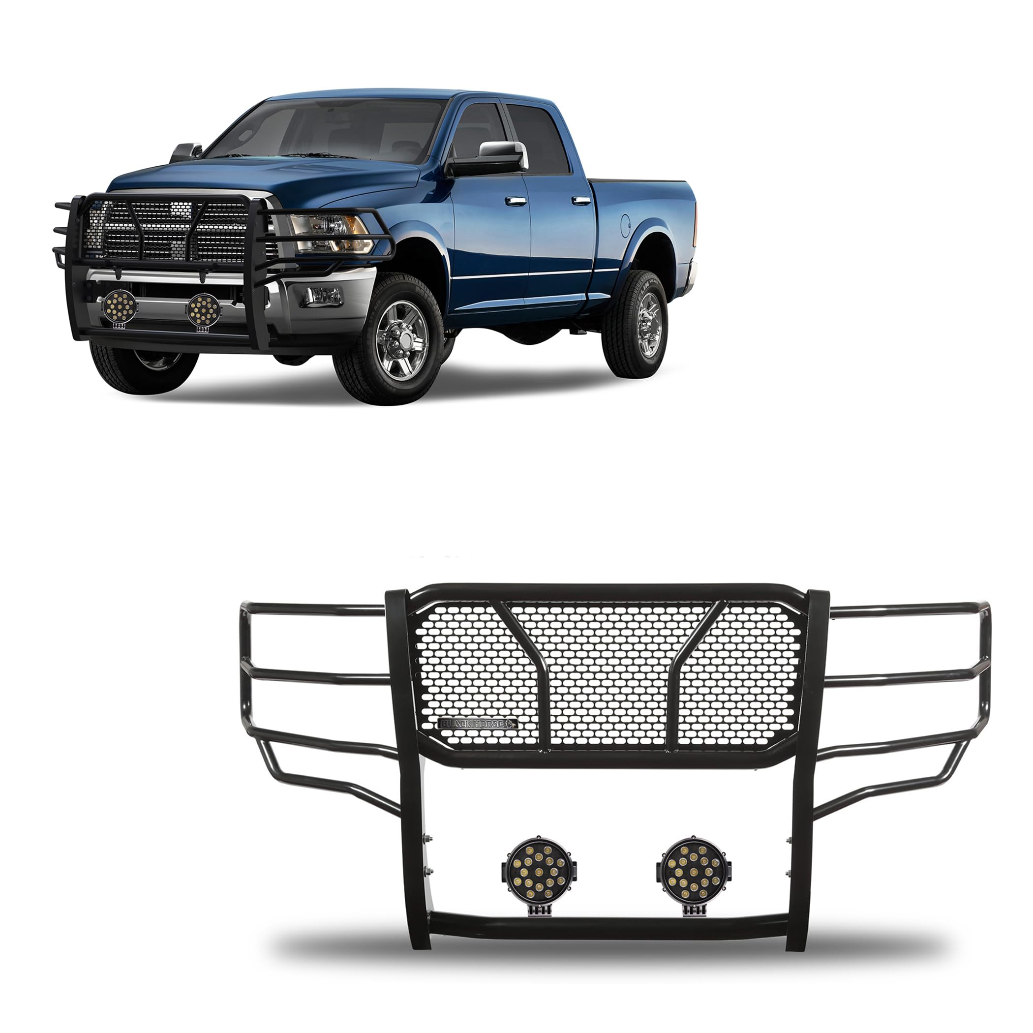 Heavy Duty Black Horse Rugged Grille Brush Bumper Guard Modular Black Come with Pair of 7.0" Dia.LED Lights with Black Trim Rings Compatible with 2010-2018 Dodge Ram 2500/3500-RU-DORA10-B-PLB