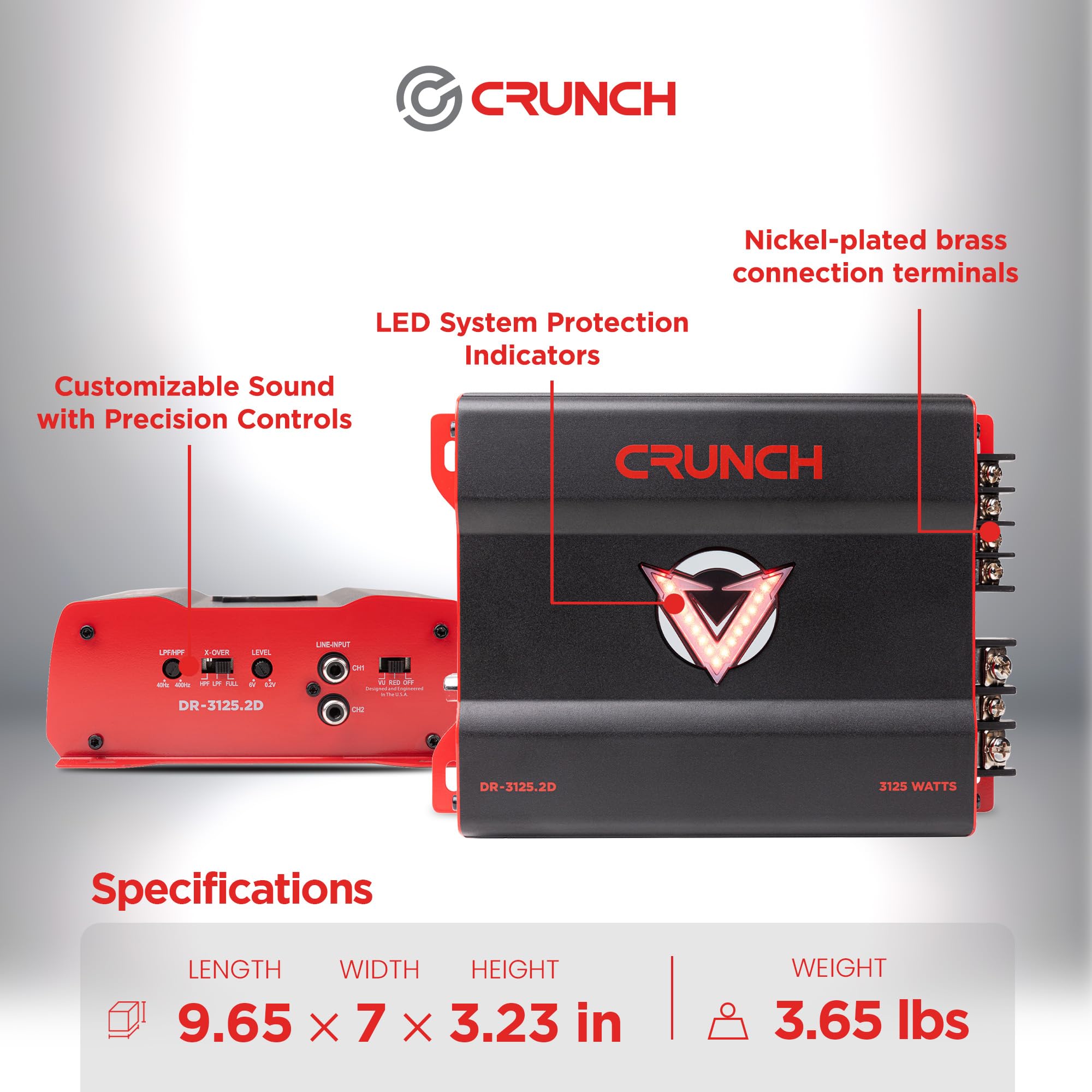 2 Channel Crunch 3125W Car Audio Subwoofer Amplifier with Adjustable Crossovers, Bass Knob & Remote, LED VU-Meter, QTD Cooling and PWM Power Supply