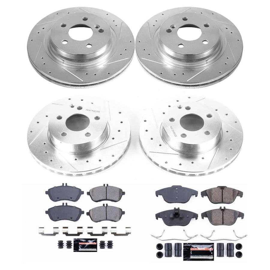Power Stop K8439 Z23 Carbon Fiber Brake Pads Front and Rear with Drilled & Slotted Brake Rotors Kit and 1 Front & 1 Rear Sensor Wires For Mercedes-Benz C250 2012-2015 [Model Specific]