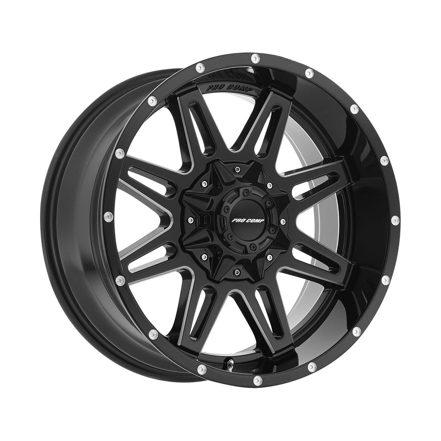 Blockade Series Pro Comp Wheels 8142-29589 Gloss Black/Machined Finish Size 20x9.5 Bolt Pattern 8x180mm Back Space 5 in. Max. Load 3600 lbs. Blockade Series 8142 Gloss Black/Machined Finish