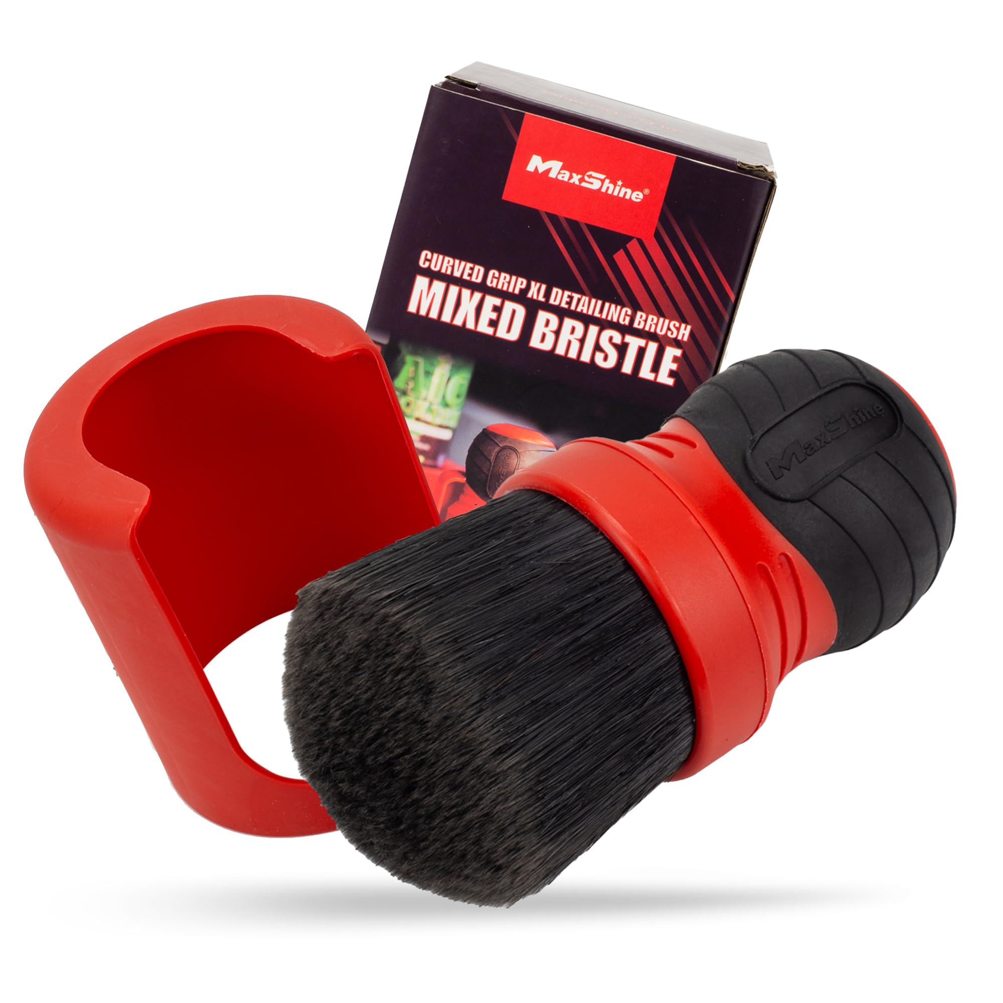 Maxshine Large Universal Red Mixed Bristle Brush with Storage Rack – Curved Grip & Soft Bristles – Ideal for Dashboard, Displays, Air Vents – Premium Brush for Wheels & Interior Detailing