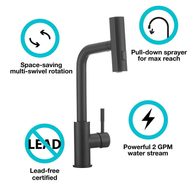 Rainfall Dura Faucet (DF-MK511X-MB) RV Kitchen Faucet – Matte Black, Dual-Mode Rotating Spray Head (Wide Waterfall & Stream), Single Lever Handle, Lead-Free, Easy Install Compact Sink Faucet