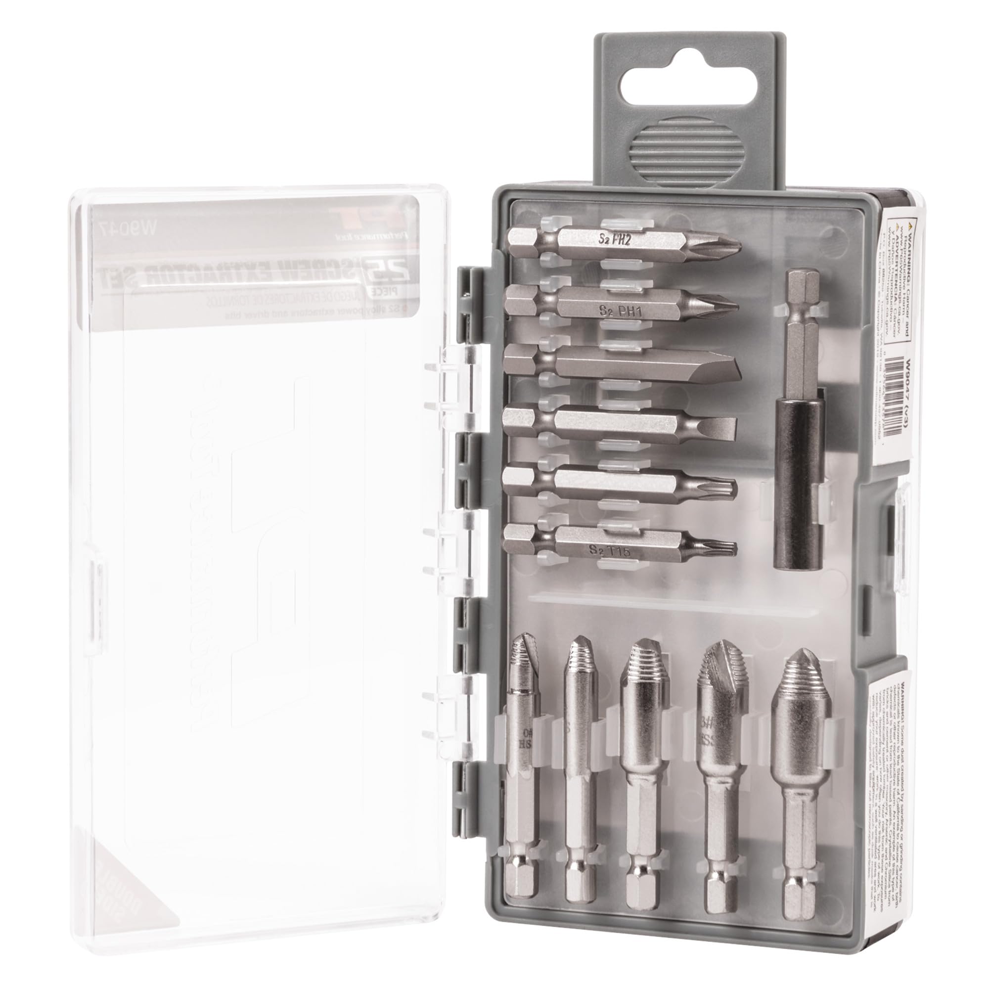 25pc Performance Tool W9047 Screw Extractor Kit with Power and Straight Flute Extractors, Drill Bits, and Driver Bits in a 2-Sided Flip Case