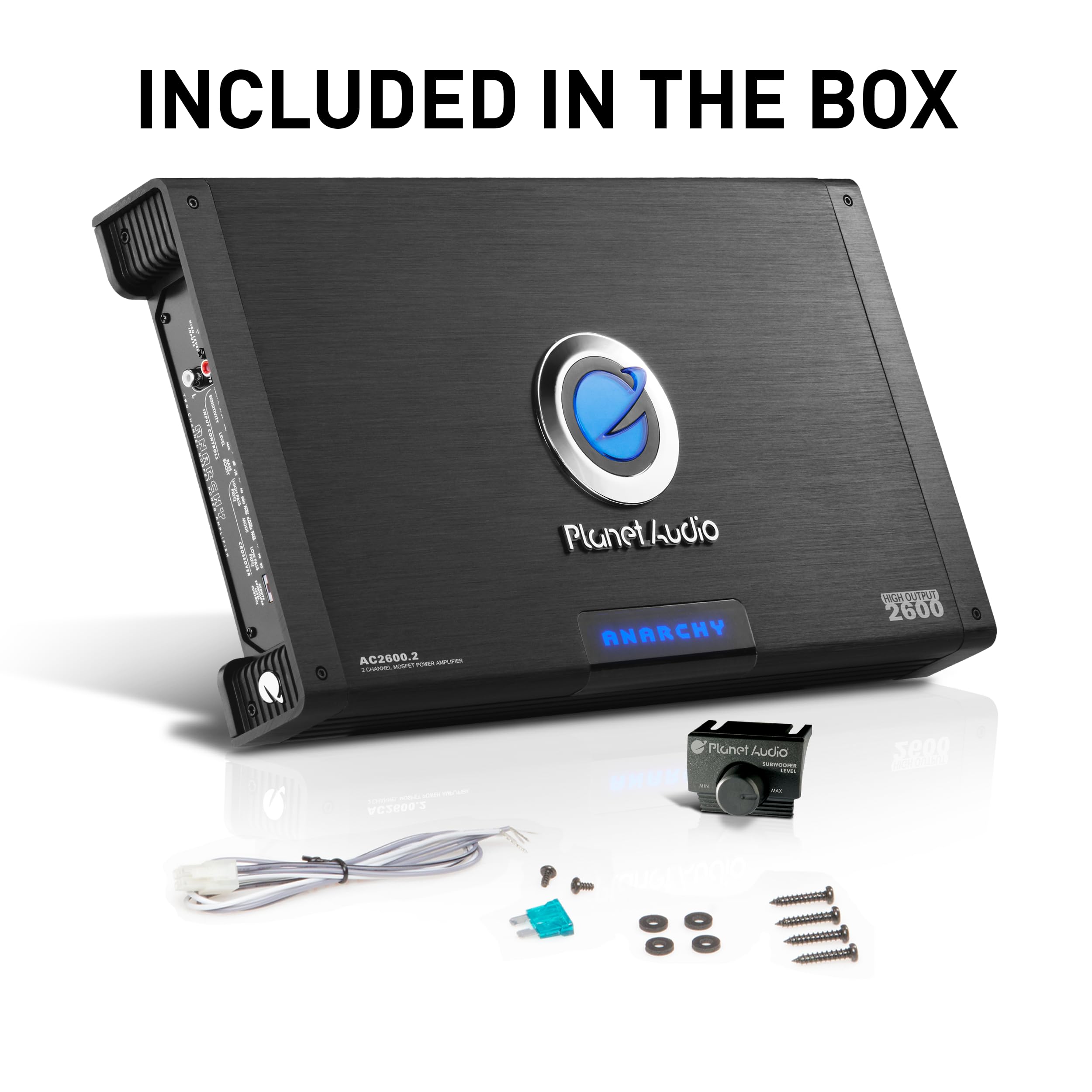 Anarchy Series Planet Audio AC2600.2 2 Channel Class A/B Car Amplifier - 2600 High Output, 2-8 Ohm Stable, High/Low Level Inputs, High/Low Pass Crossover, Full Range, Hook Up to Subwoofer for Bass
