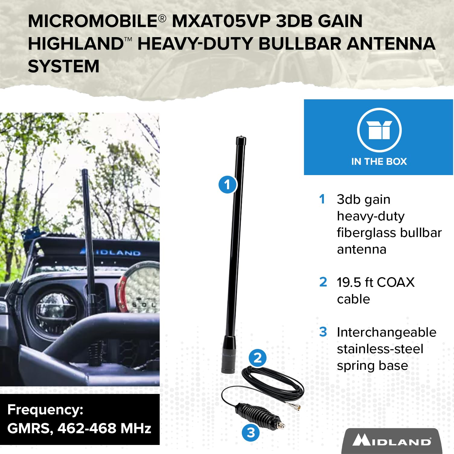 MXAT05VP-3dB Midland Heavy-Duty Bull Bar Antenna Spring Base Micromobile - 28.5” with 462-468 MHz Frequency - Long Range GMRS Communication - Overlanding Off-Roading - Easy to Install