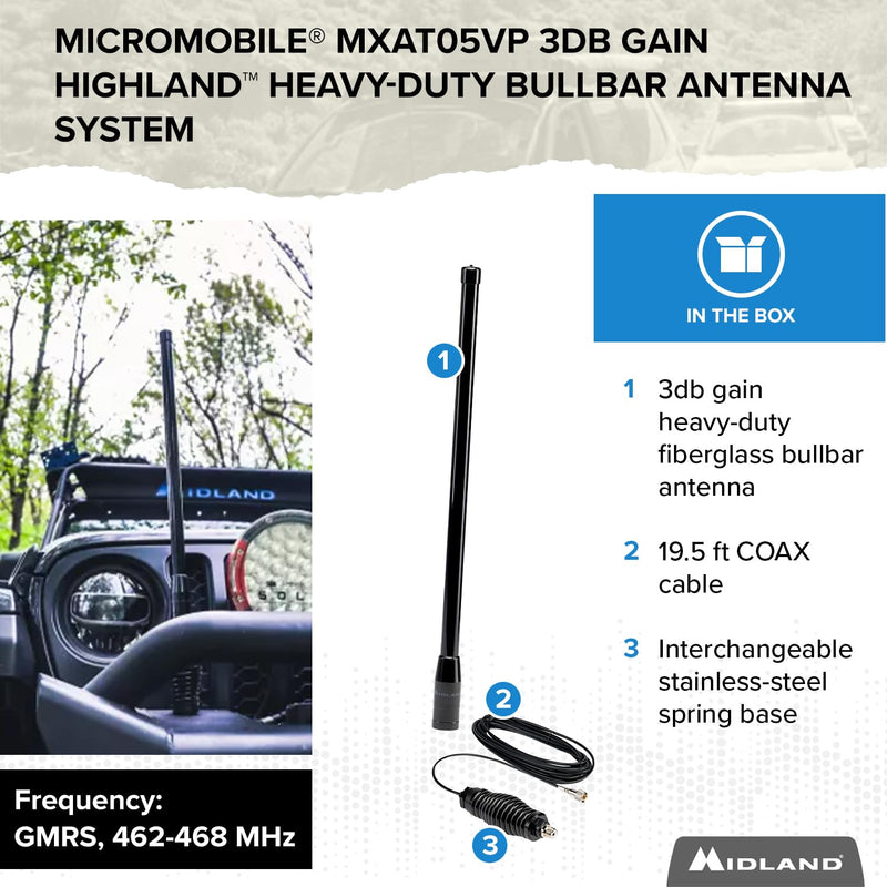 MXAT05VP-3dB Midland Heavy-Duty Bull Bar Antenna Spring Base Micromobile - 28.5” with 462-468 MHz Frequency - Long Range GMRS Communication - Overlanding Off-Roading - Easy to Install