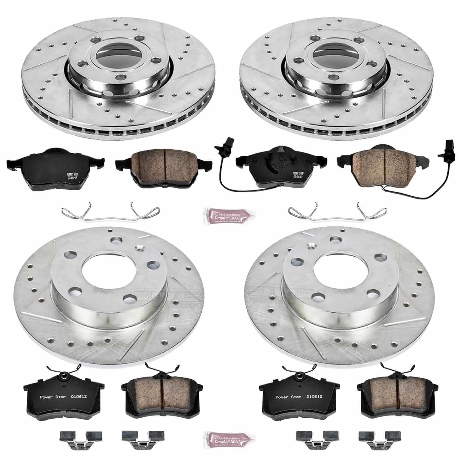 Power Stop K4196 Z23 Carbon Fiber Brake Pads Front and Rear with Drilled & Slotted Brake Rotors Kit For Audi A4 2005 [Model Specific]
