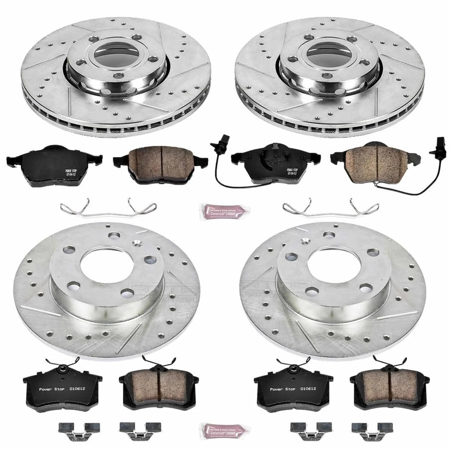 Power Stop K4196 Z23 Carbon Fiber Brake Pads Front and Rear with Drilled & Slotted Brake Rotors Kit For Audi A4 2005 [Model Specific]