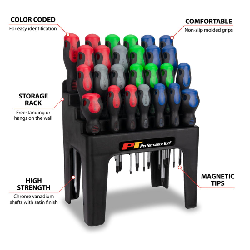 26pc Performance Tool W1738 Screwdriver Set w/Rack